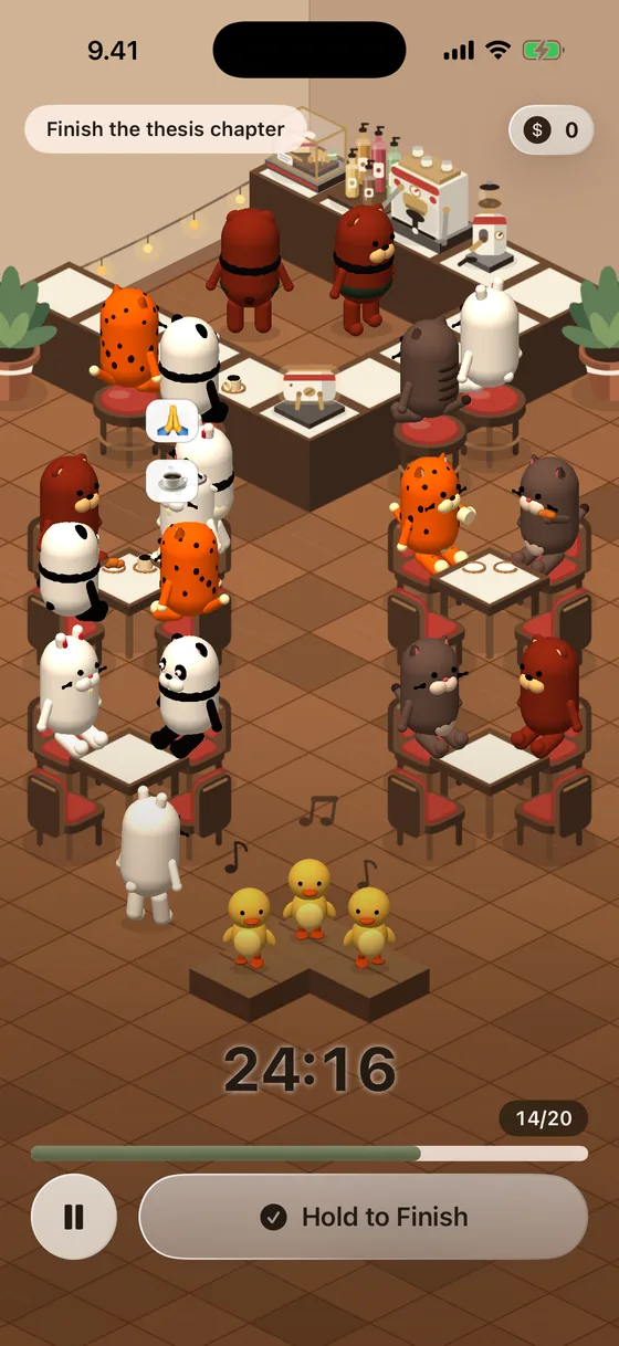 The café at a full house of twenty, every table taken.