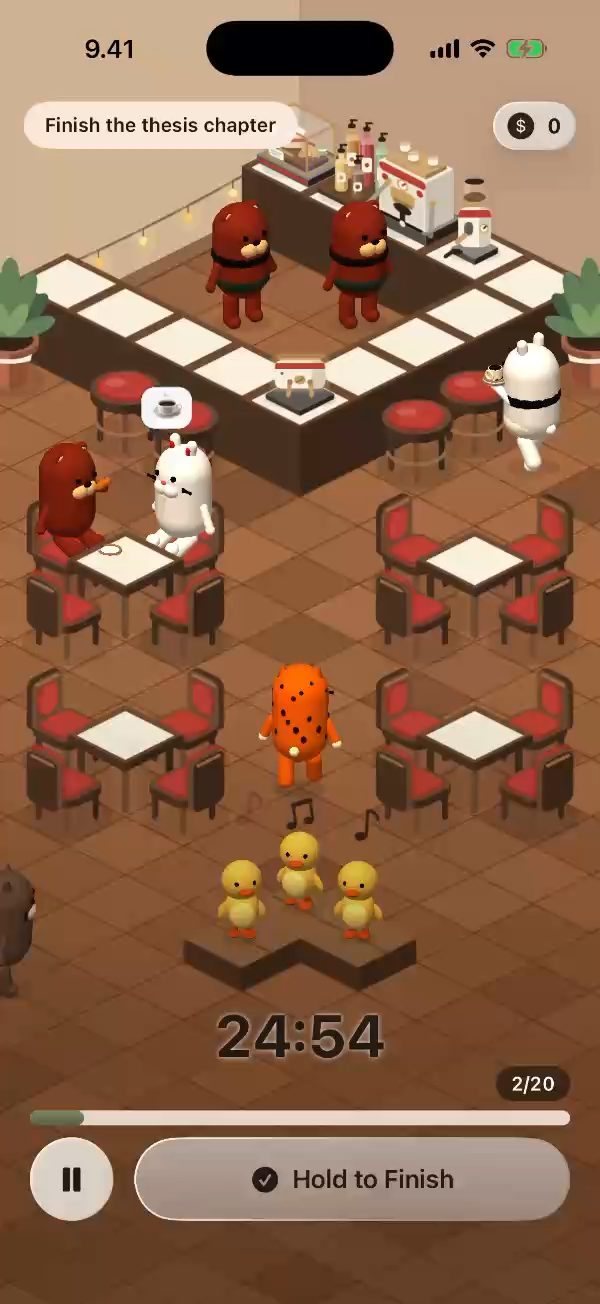 The Gamifé café mid-session, customers at the tables and a duck band on the stage.