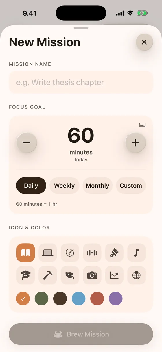 The new-mission sheet: a name field, a focus goal of 60 minutes, and a grid of icons and colours.