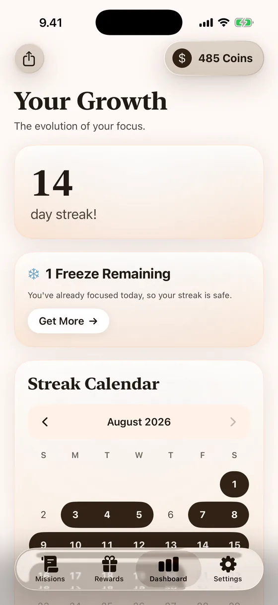 The dashboard showing a 14-day streak, a streak freeze in hand, and a monthly streak calendar.