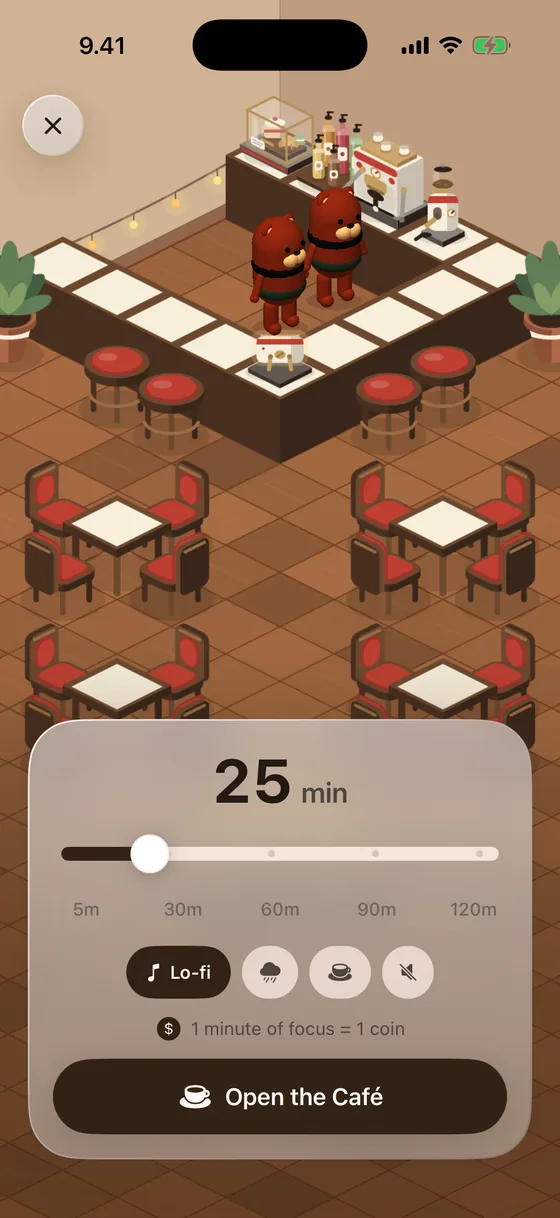 The session setup screen with a slider set to 25 minutes and a row of ambience choices.