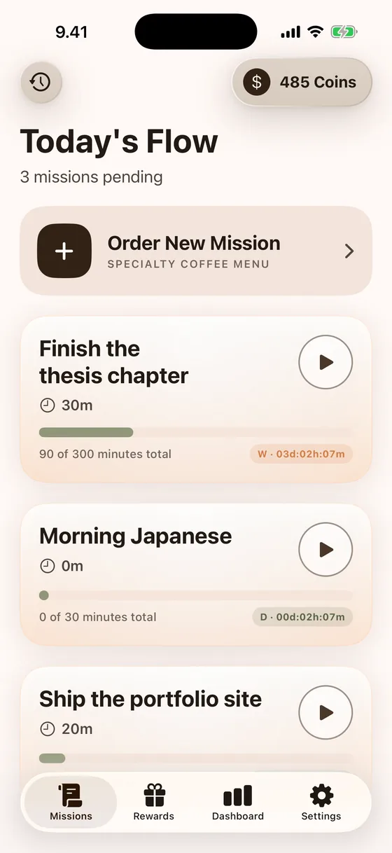 The missions list showing three live missions with progress bars and a balance of 485 coins.