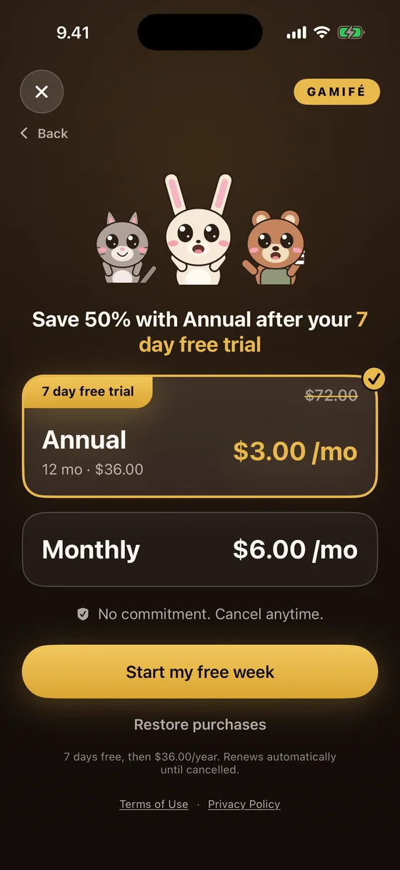 The app’s subscription screen, showing the annual plan at $36 a year with a seven-day free trial and the monthly plan at $6.
