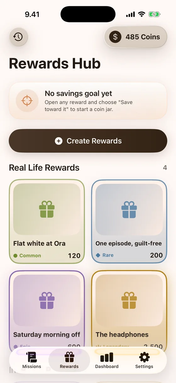 The rewards hub with four self-set rewards priced in coins, graded common through legendary.